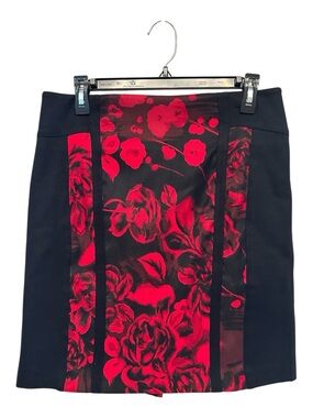 Y2K Era Cache Black Mini Skirt with Red Floral Center Panels Size 6